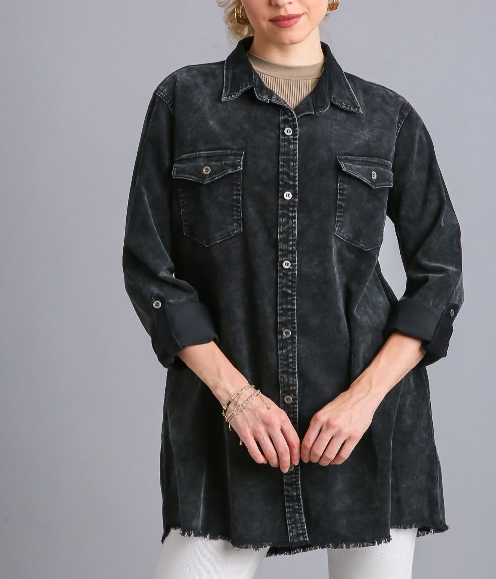 Umgee USA Black Denim Jacket Raw Hem Button Down With Chest Pockets Black fad67afd-6006-4c16-a22f-5cf4aaac1d93-Max Trendsi