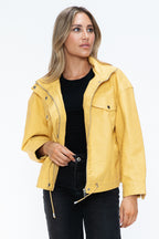 How Dare U Women PU Leather Jacket Drawstring Hem Zip Up Jacket Yellow fad8de4f-575e-4f62-bdd6-a4d176c96e45-Max Trendsi