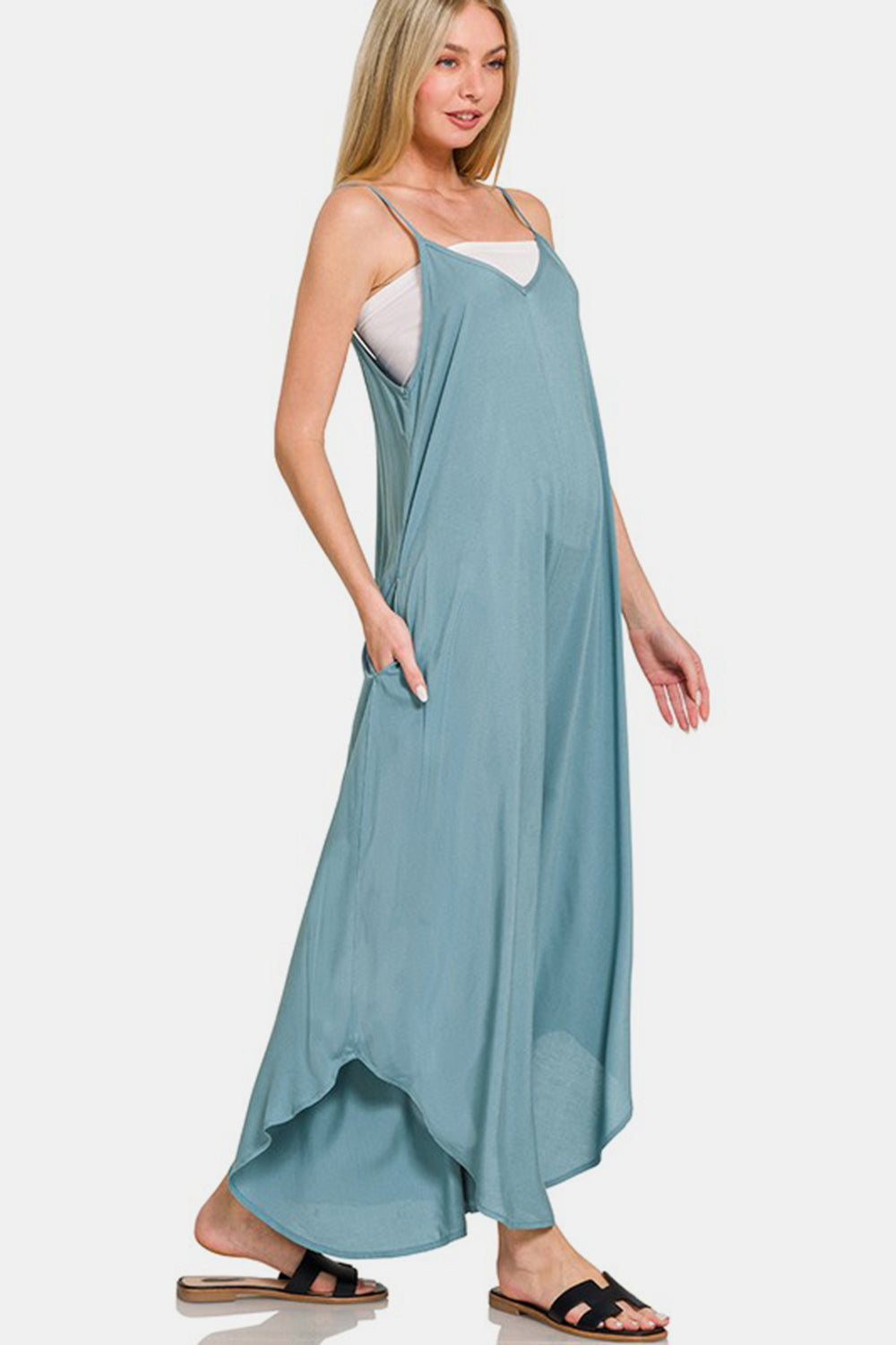 Zenana Women Overall Blue Gray Spaghetti Strap Wide Leg with Pockets