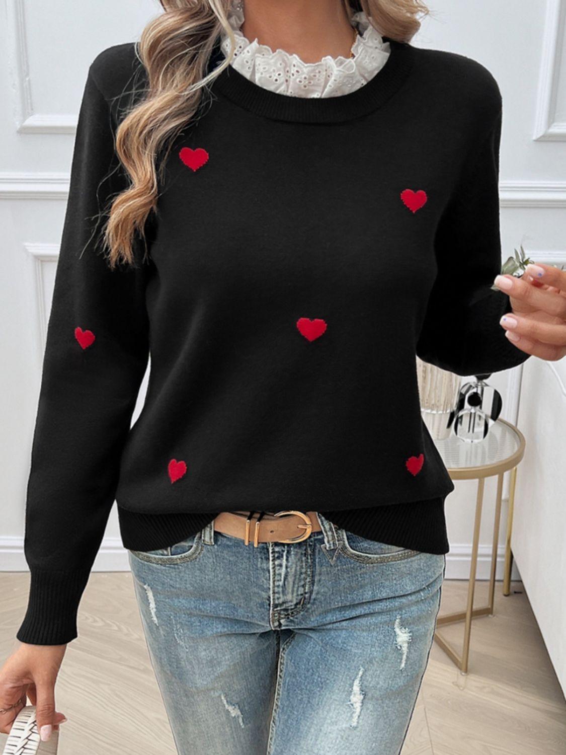 Heart Sweater Lace Collar Detail Long Sleeve Knitwear faf2c1a9-1ae4-4208-91e8-d7eb9043ced2-Max Trendsi