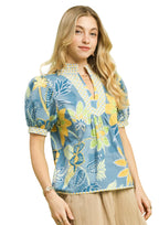 Umgee Mixed Abstract Print Blouse with Puff Sleeves