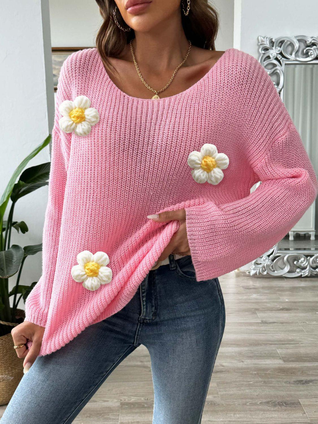 Sweater Flower Knit Applique Round Neck Long Sleeve Knitwear Dusty Pink faff0298-778d-4158-b90d-2fc6eae7f49f-Max Trendsi