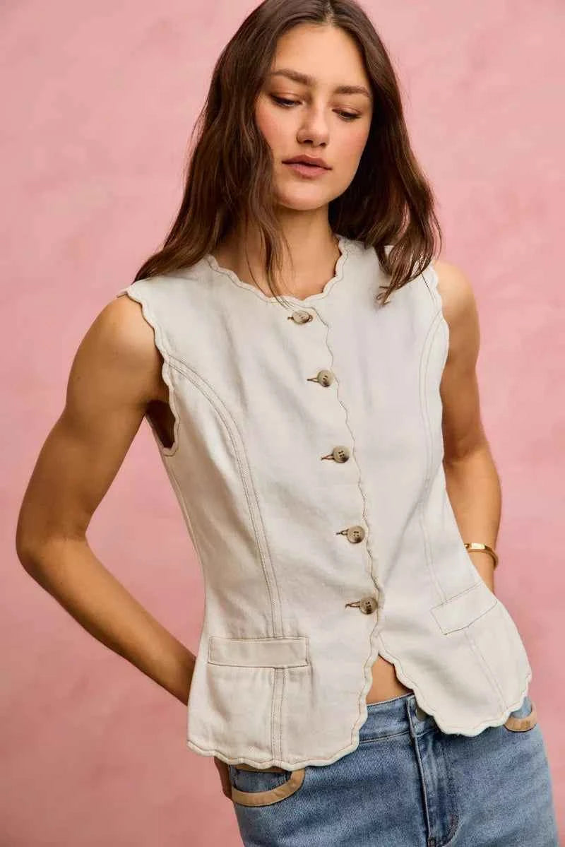 SO ME Scalloped Edge Cotton Twill Washed Vest Top