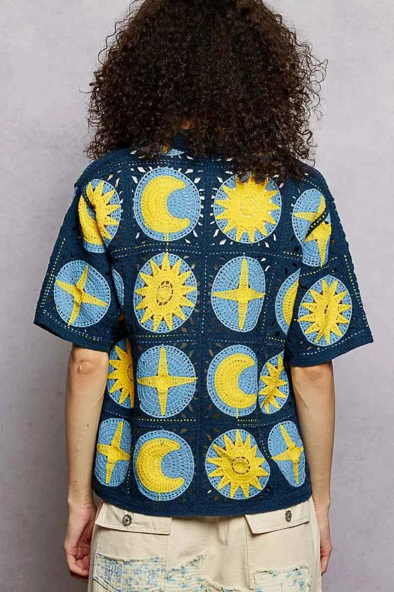 POL Crochet Shirt Navy Multi Openwork Short Sleeve Top fb00d49a-89f6-496c-98ac-7310dfbbafa2-Max-Origin Trendsi