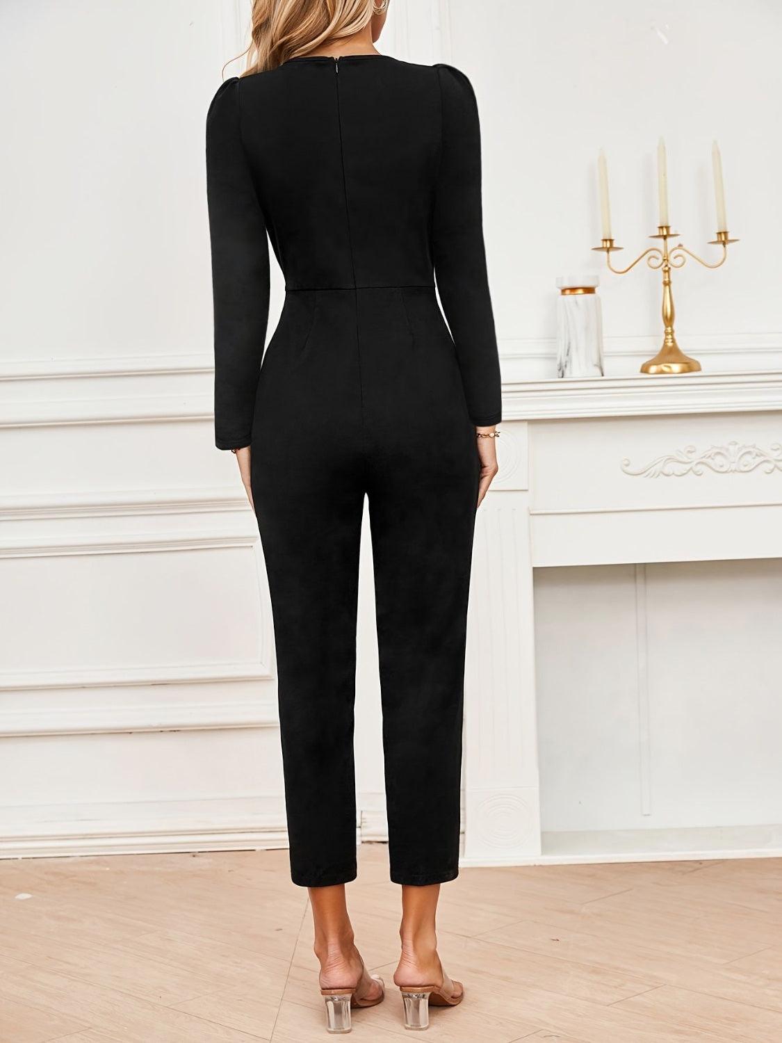 Black Jumpsuit V- Neck Surplice Chain Long Sleeve Overall