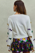 SO ME Sweater Knit Top Mardi Gras Glitter Bow Ribbon Ivory fb145543f8024d05b6e12b7fe2999707-Max-Origin Trendsi