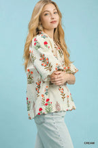 Umgee Womens Blouse Cream Floral Print Puff Short Sleeve Scallop Hem Top fb1c3837-aa90-4af7-88ab-a6b8af94306e-Max-Origin Trendsi