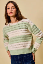 SO ME Women Sweater Openwork Round Neck Wide Stripe Textured Top fb1ec554-cef5-4a29-9726-f75bb790058d-Max-Origin Trendsi
