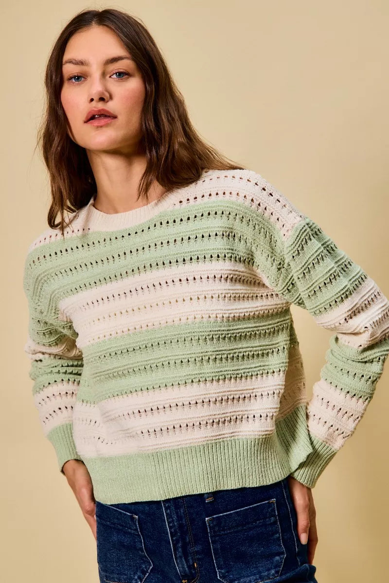 SO ME Women Sweater Openwork Round Neck Wide Stripe Textured Top fb1ec554-cef5-4a29-9726-f75bb790058d-Max-Origin Trendsi