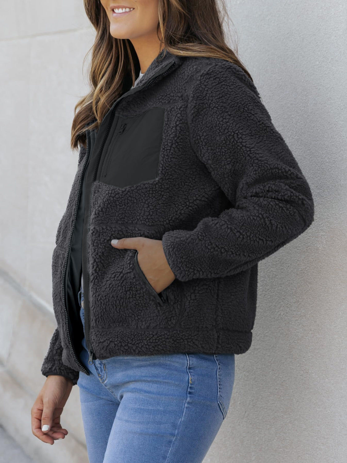 Plush Women Jacket Zip Up Long Sleeve Zip Outer Pocket Collared Outwear fb1f8c56-7c21-4aa9-bec7-201aca721d15-Max Trendsi