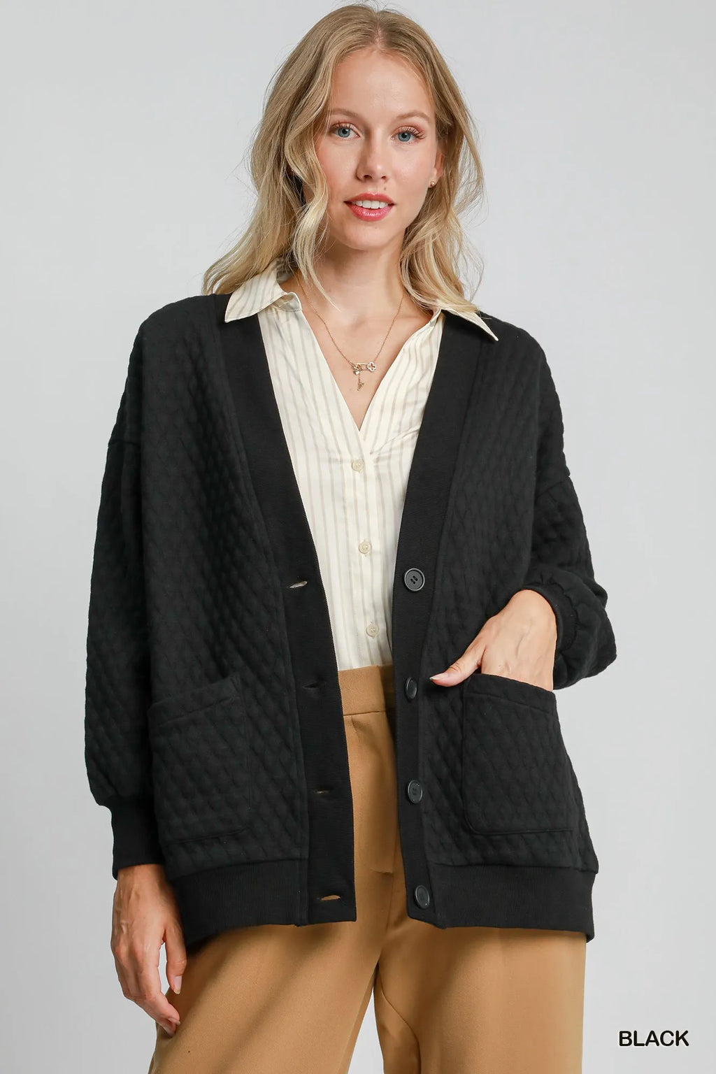 Umgee Jacquard Cardigan Black Women's Button-Up with Pockets Black fb2c6c6c-7d54-42ba-ad3a-231c4d5d4d33-Max-Origin Trendsi