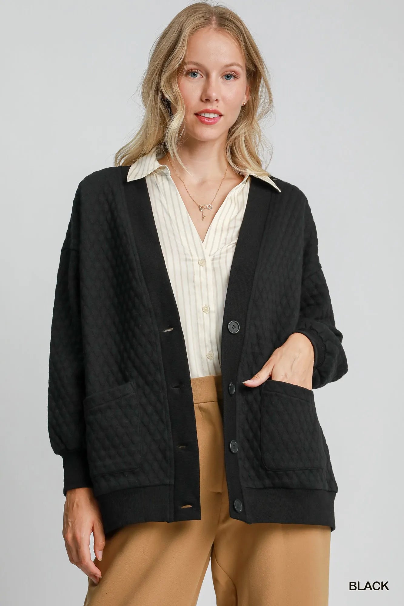 Umgee Jacquard Cardigan Black Women's Button-Up with Pockets Black fb2c6c6c-7d54-42ba-ad3a-231c4d5d4d33-Max-Origin Trendsi