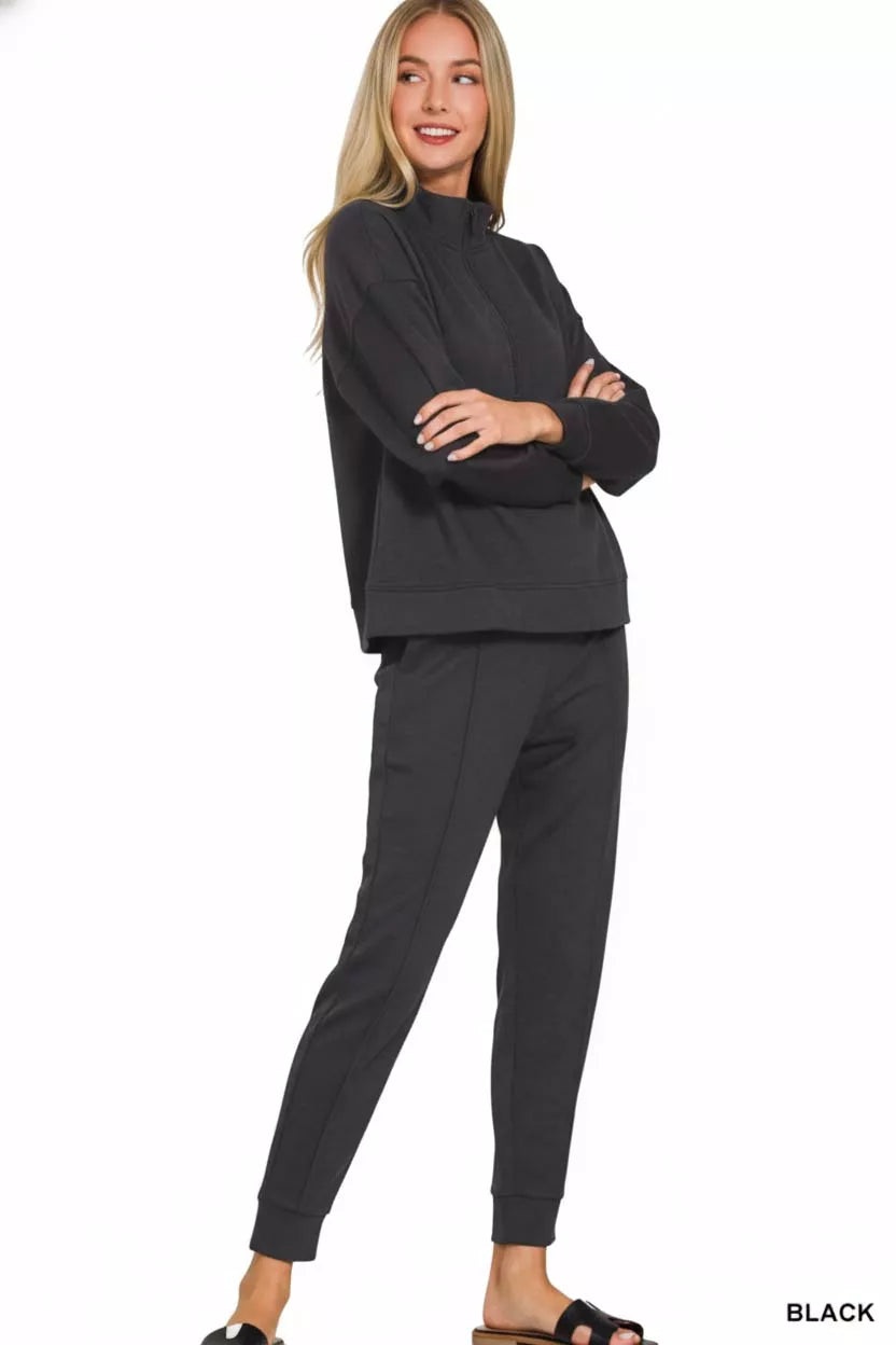 Zenana Jogger Set Womens Black Scuba Half Zip Pullover and Pants fb2dbc2c-d60f-460c-a9b7-63739f7b90bf-Max-Origin Trendsi