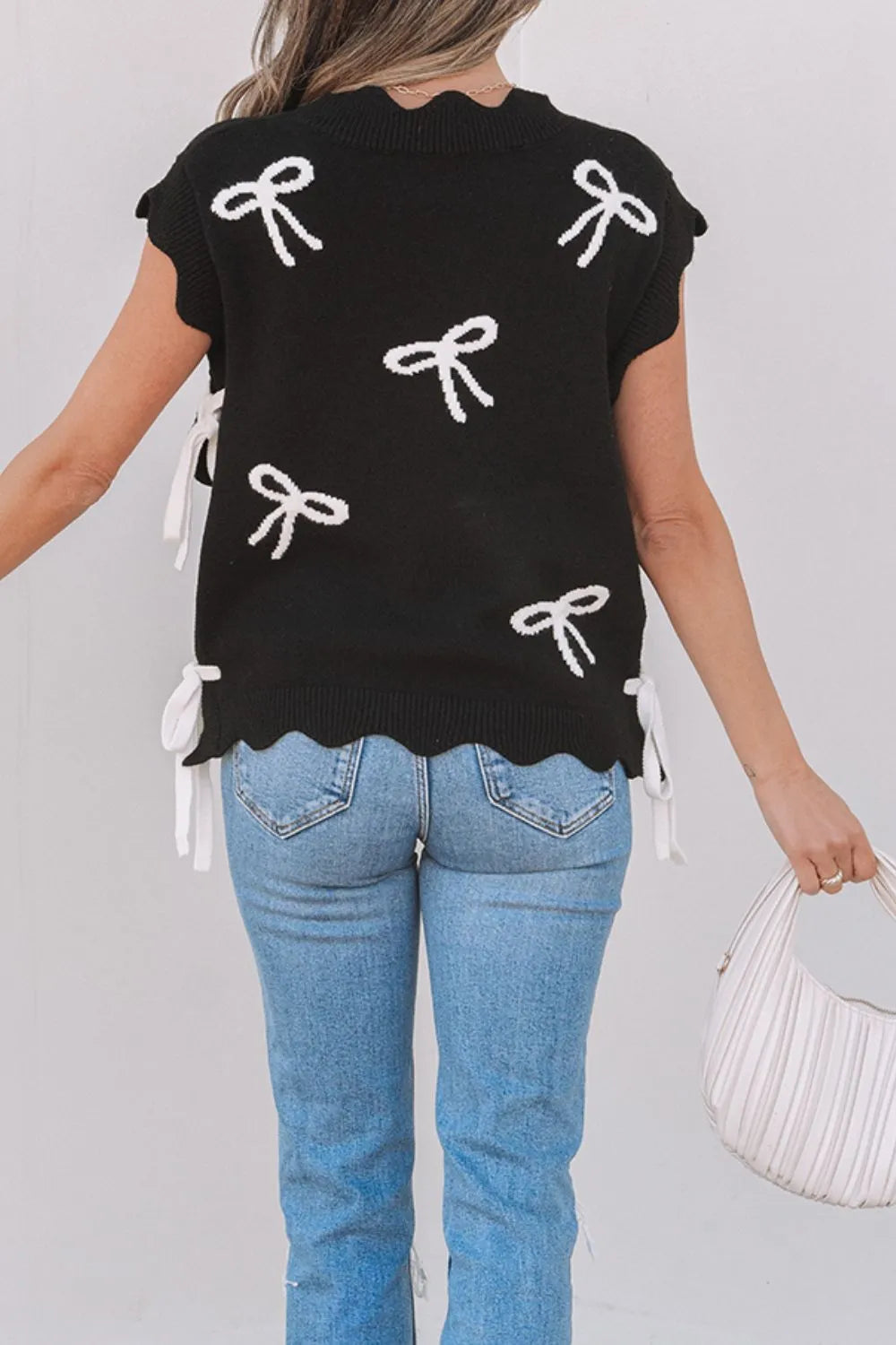 Women's Sweater Black Bow Side Ties Scalloped Hem Cap Sleeve fb35d844-0784-49ac-878a-7bfd62bfba3d-Max-Origin Trendsi