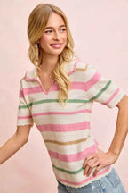 BiBi Multi Colors Stripes Collared Knit Top