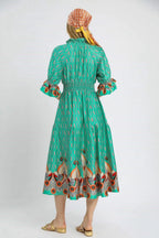 Umgee Midi Dress Turquoise Printed Smocked Waist Flounce Sleeve Ruffled fb39b1fd-e801-46de-b433-d90b72261e23-Max-Origin Trendsi