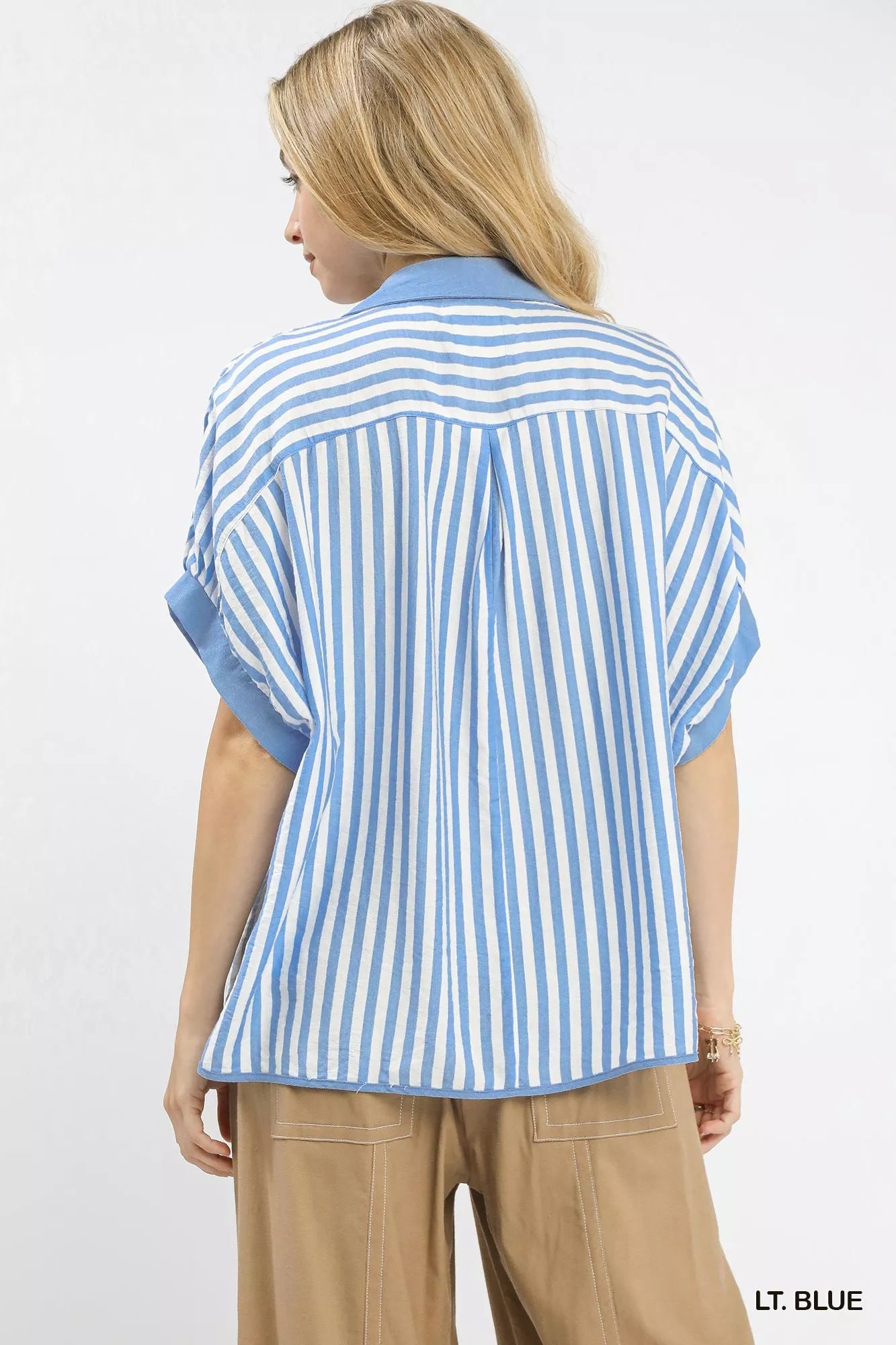 Umgee Womens Oversized Top Stripe Light Blue Collared Short Sleeve Blouse fb43c4ff-3d45-40dd-9e91-eb5cdb181d87-Max-Origin Trendsi