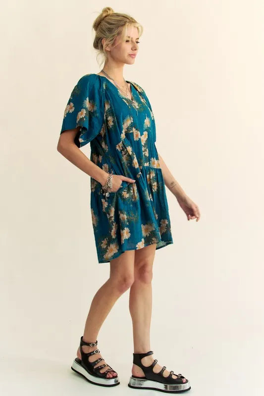 Davi & Dani Mini Dress Floral Print Teal Blue Short Bell Sleeve Pleated Pocketed fb481618488a4ce699db70e022dd201a-Max-Origin Trendsi
