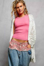 POL Openwork Lightweight Open Front Cardigan with Scalloped Edge