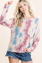 BiBi Womens Blouse Tie Dye Lavender Blue Print Terry Top With Front Patch Pocket fb4c6862eef64e438e2f916f85e5dca3-Max-Origin Trendsi