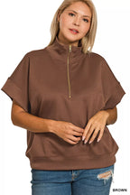 Zenana Womens Sweatshirt Brown Scuba High Neck Half Zip Short Sleeve Top fb4dbab7-62bb-47de-a391-dc12e4b171e3-Max-Origin Trendsi
