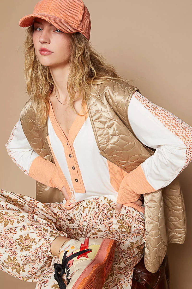 POL Womens Quilted Vest Coat Mocha Gold Front Zipper Floral with Front Pockets fb6b2ee7-5542-4cb5-8600-768f7305c8a3-Max-Origin Trendsi