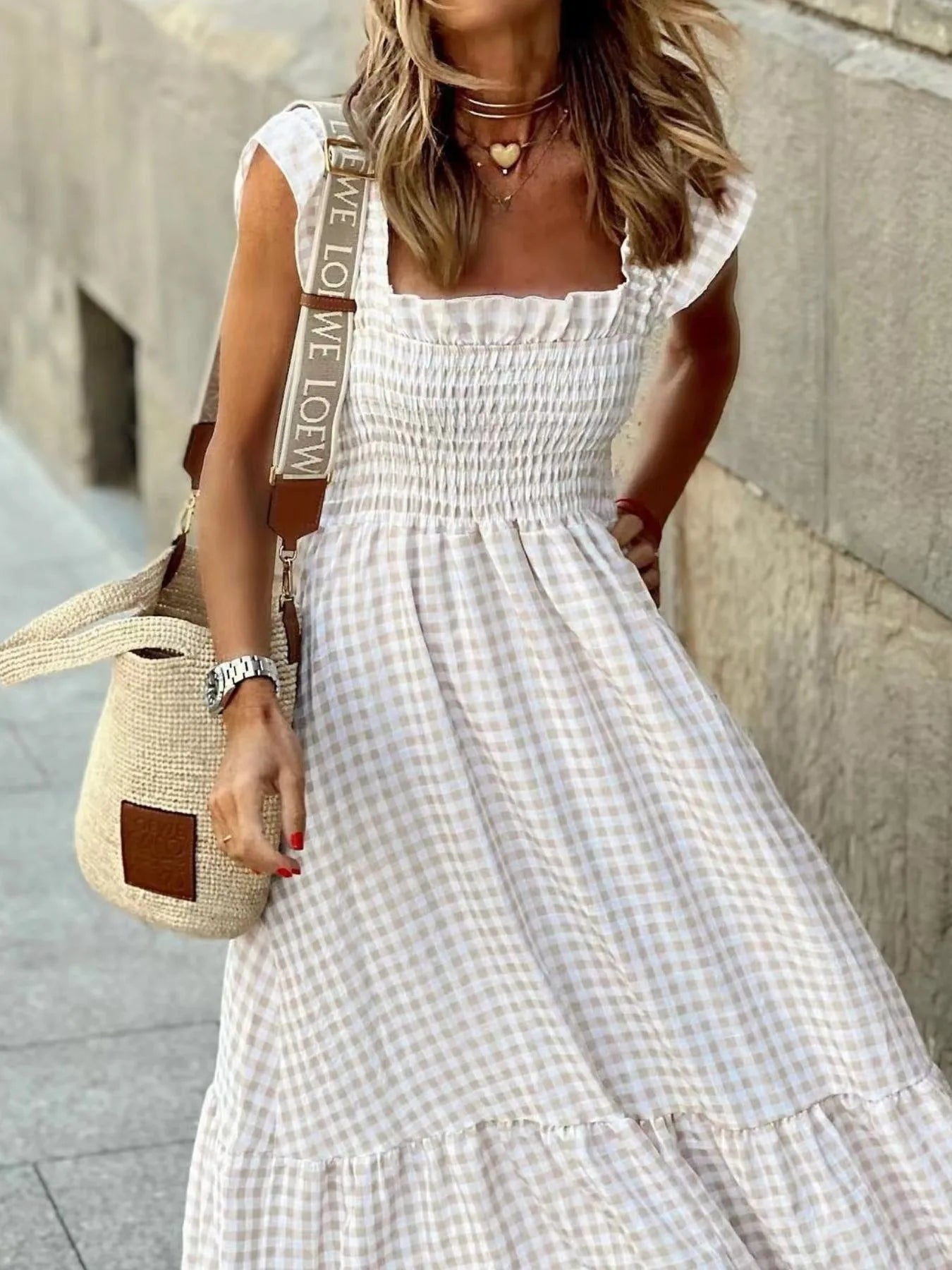 Maxi Dress Plaid Gingham Smocked High Waist with Ruffle Straps Square Neck fb6d52d0eeda40408544f595ae9a18ba-Max-Origin Trendsi