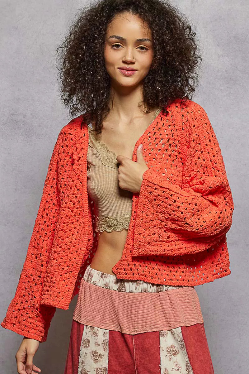 POL Knit Cardigan Neon Orange Open Front with Crochet Patterns fb6faa40-1462-487e-a4ba-2d56814855e7-Max-Origin Trendsi