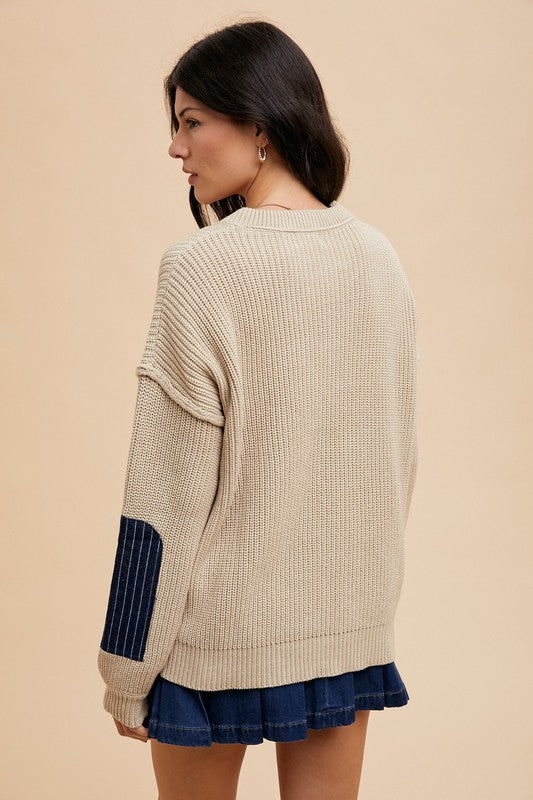 Annie Wear Sweater Contrast Round Neck Long Sleeve with Patch Pocket