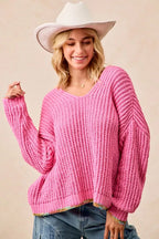 BiBi Womens V-Neck Sweater Pink with Colorful Trim fb78ed6187ca4ce1851e682b2c09e2b4-Max-Origin Trendsi