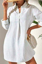 Mini Shirt Dress Striped Johnny Collar Long Sleeve Cotton Pocket Dresses fb7e7caa-6ce3-4b38-92a9-bafadbdf2530-Max Trendsi