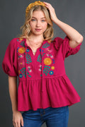 Umgee Babydoll Blouse Deep Rose Cotton Gauze Floral Embroidery Short Sleeve Deep Rose fb915b3e-cdbe-4d1c-969c-3f074f30e7c1-Max Trendsi