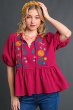 Umgee Babydoll Blouse Deep Rose Cotton Gauze Floral Embroidery Short Sleeve Deep Rose fb915b3e-cdbe-4d1c-969c-3f074f30e7c1-Max Trendsi