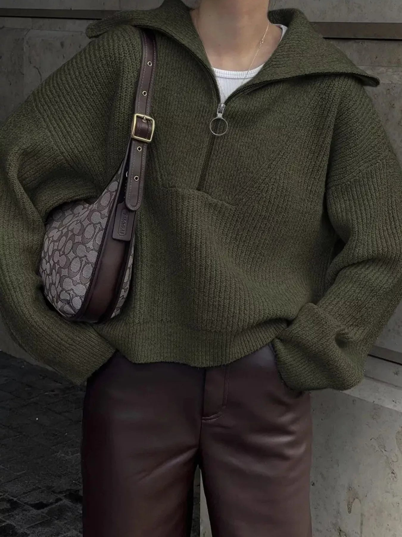 Women's Sweater Half Zip Dropped Shoulder Knit Loose Pullover Army Green One Size fb92a67dfd59407d8ac587dcfc96063a-Max-Origin Trendsi