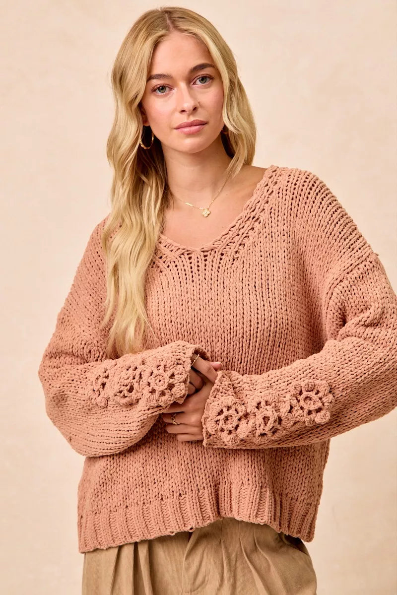 BiBi Womens Sweater Chunky Knit with Flower Detail Sleeves Peach fb966fcfa3c649abad83555136991168-Max-Origin Trendsi