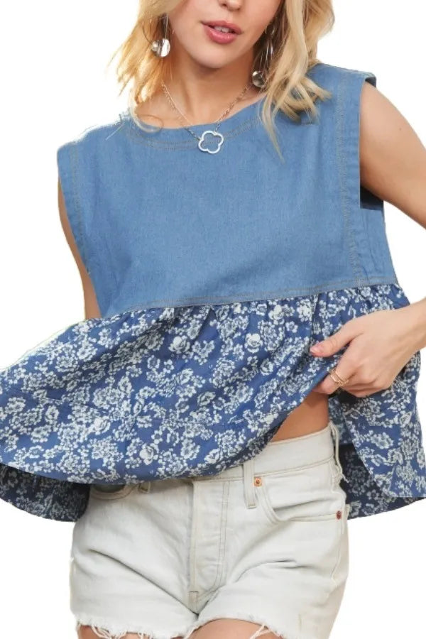 ADORA Denim Top Sleeveless Floral Contrast Blue Ruffle Blouse fba8b09c72174a6cb6728faf0208421d-Max-Origin Trendsi