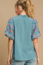Umgee Blouse Embroidered Puff Short Sleeve Ruffled Mock Neck Top fbbe2aa4-a3de-43be-94a3-e3fc124d83c4-Max Trendsi