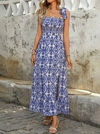 Perfee Maxi Cami Dress Blue Floral Smocked Square Neck Slit Bow Straps fbc3297d-ad4c-4ba4-9265-ec7f54793f37-Min Trendsi