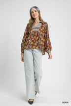 Umgee Womens Blouse Sepia Floral Print Collared Long Sleeve Top fbc422b5-664d-4a62-987b-40b3d15284cf-Max-Origin Trendsi