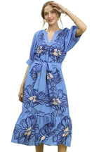 Umgee Floral Belted Midi Dress with Tiered Ruffle Hem and Side Pockets