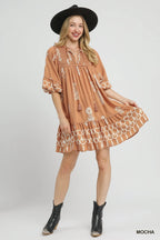 Umgee Mini Dress Mocha Boarder Print Tassel Tie Neck Ruffled fbcaa1d1-73a7-4351-9f6f-50b8a939261e-Max-Origin Trendsi