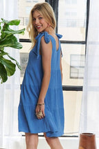 ADORA Mini Dress V-Neck Tie Shoulder Blue Ruffle fbd20b58-fb66-47a2-abdb-b80cde8dba1f-Min Trendsi