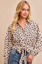 BiBi Womens Crop Shirt Polka Dot Print Tie Hem Detail Long Sleeve Top fbd6b6a2e229404aa41462c49a73fd6f-Max-Origin Trendsi