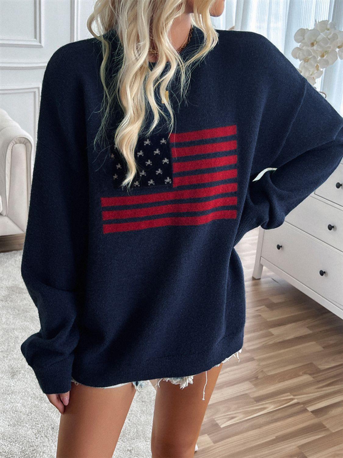 Knit Top US Flag Round Neck Long Sleeve Knitwear fbdbe90c-bffe-4709-b866-6893d7e25cb4-Max Trendsi