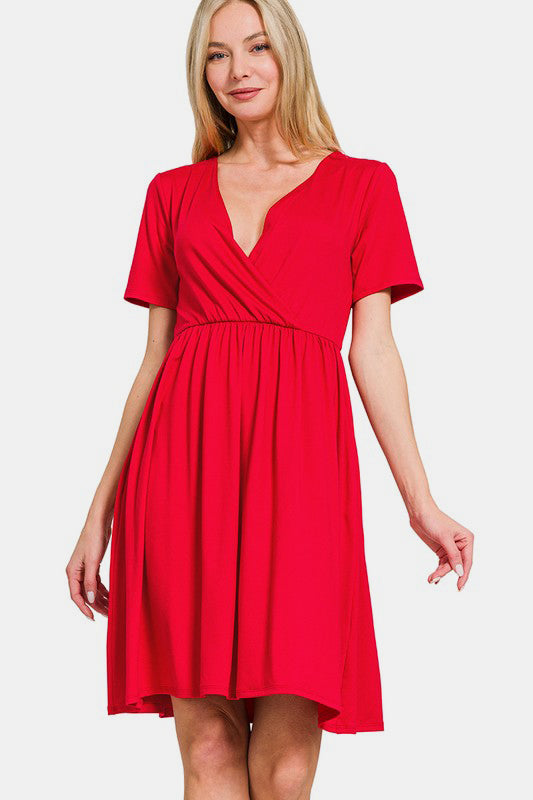Zenana Mini Dress Surplice Short Sleeve Brushed DTY Red V Neck Pocketed Red fbe4c514-74f3-47b3-b805-a8a5110ddd02-Max Trendsi