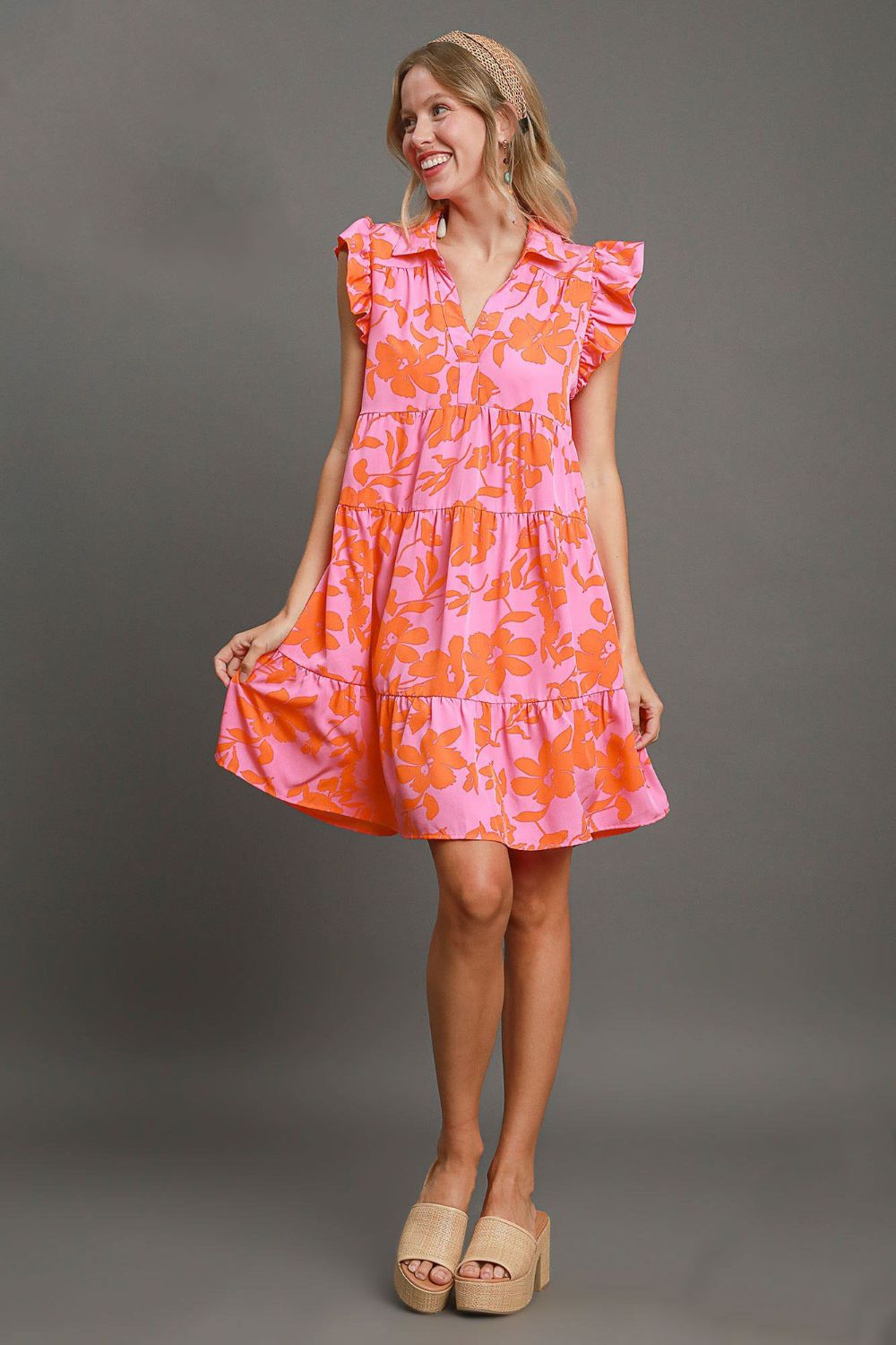 Umgee Mini Dress Floral Pink Orange Print Ruffle Cap Short Sleeve Tiered fbf18044-9f62-4a64-a088-80107e465656-Max Trendsi