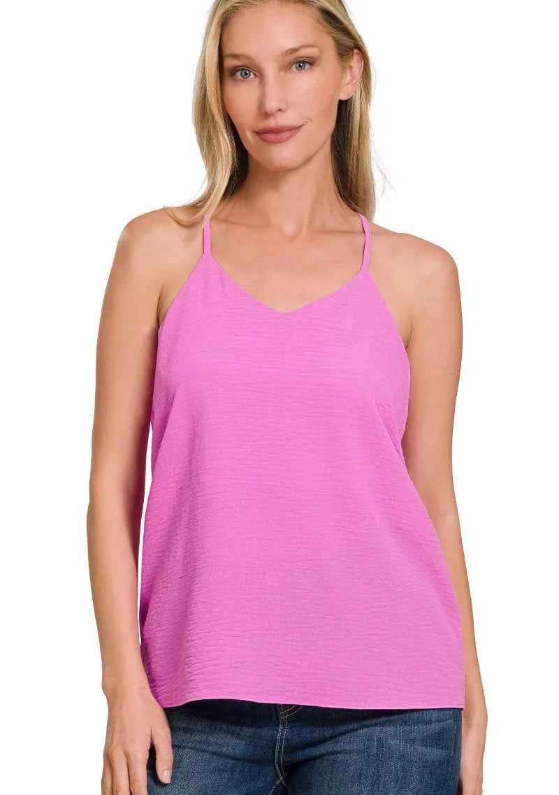 Zenana V-Neck Cami Bright Mauve Woven Airflow Adjustable Strap Top BRIGHT MAUVE fbf3d4aceae045079fdc0d880e21237c-Max-Origin Trendsi