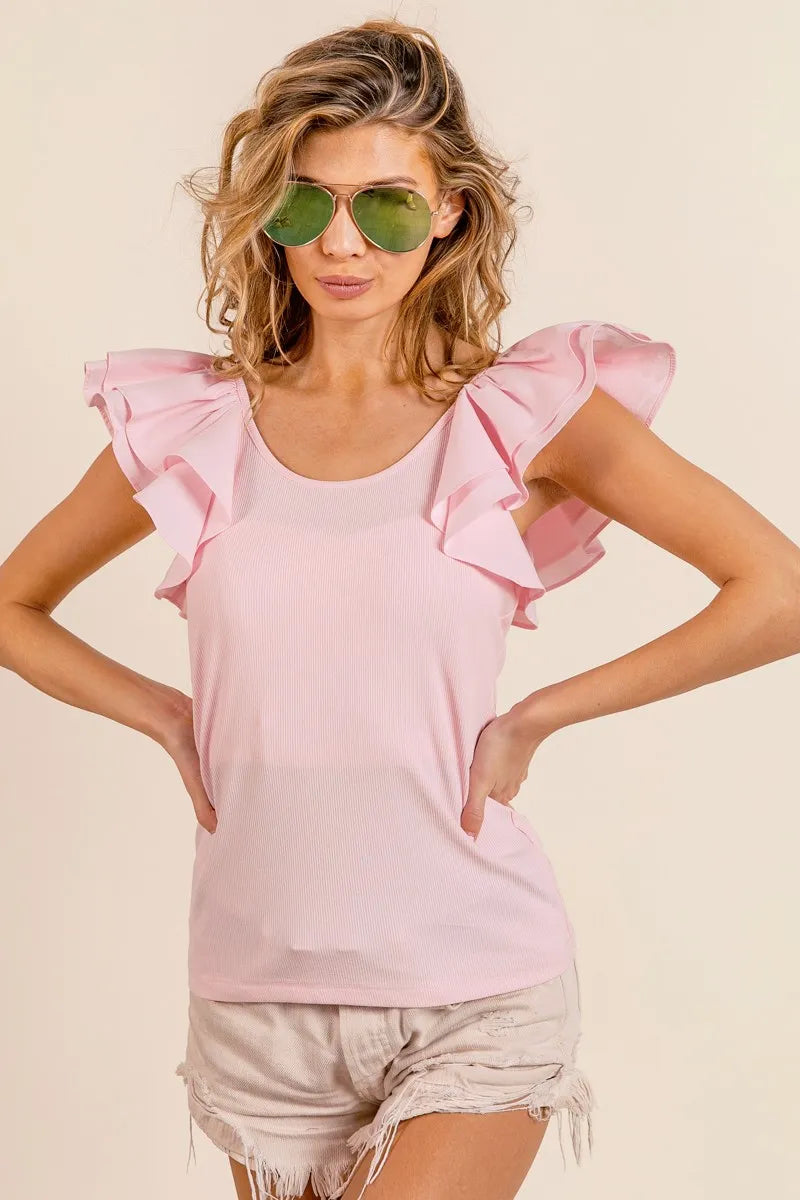 BiBi Ribbed Top Light Pink Wide Layered Ruffle Sleeve Scoop Neck Blouse fbf5d4cf5ae74819a62e5bd786cf2612-Max-Origin Trendsi
