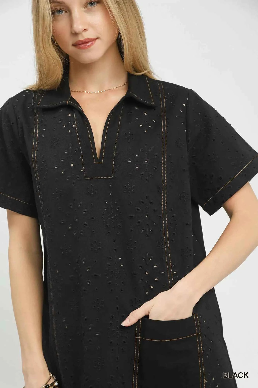 Umgee Shift Mini Dress Black Eyelet Cotton Short Sleeve with Pocket fbf6a013-fac0-42e1-9f4b-71055360bbb4-Max-Origin Trendsi