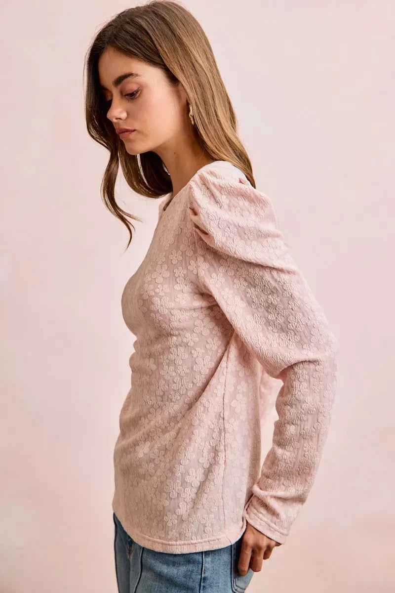 BiBi Women Blouse Textured Flower Knit Blush Pink Puff Shoulder Top Long Sleeve fbf9b51196e045feb463c348b1c0fbf8-Max-Origin Trendsi